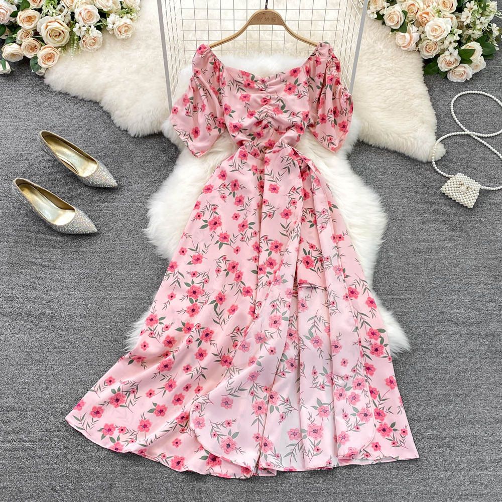 Floral Print Tea Break Dress Summer Style Slimming Flattering Square Neck a Line Full Skirt Gentle Sweet First Love Style_ecoleips.com