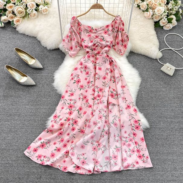 Floral Print Tea Break Dress Summer Style Slimming Flattering Square Neck a Line Full Skirt Gentle Sweet First Love Style_ecoleips.com