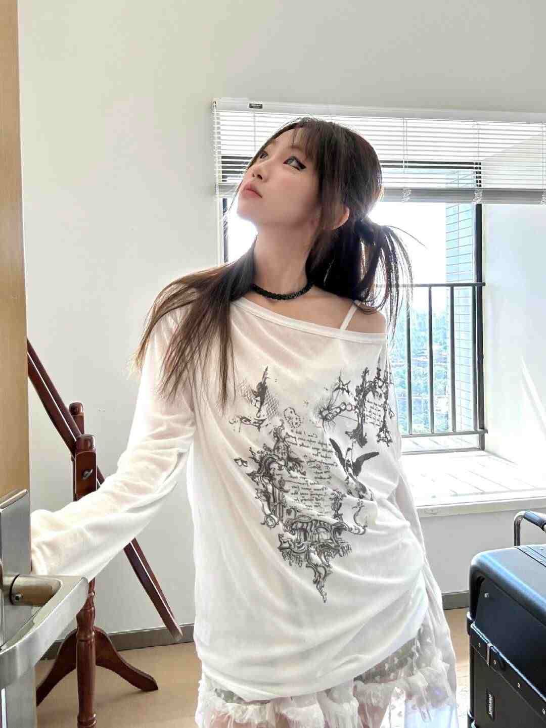 Laid-back Style Long Sleeve Sun Protection Shirt Air Conditioner Cover T-shirt Summer Sweet Cool Spicy Loose Diagonal Collar ..._ecoleips.com