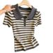 Women's Clothing Summer Casual Short Sleeve T-Shirt Ruffled Peter Pan Collar Striped Knitwear_ecoleips.com