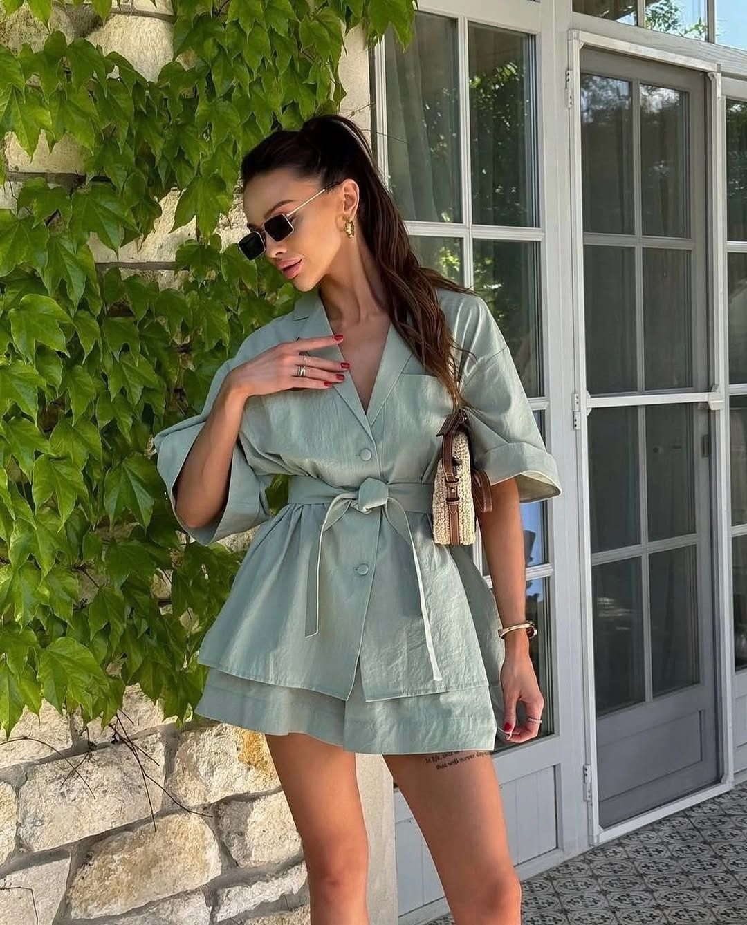 Women's Lapel Mid Sleeve Shirt With Tie Waist Fashion Loose Shorts Set New Style Exclusive_ecoleips.com