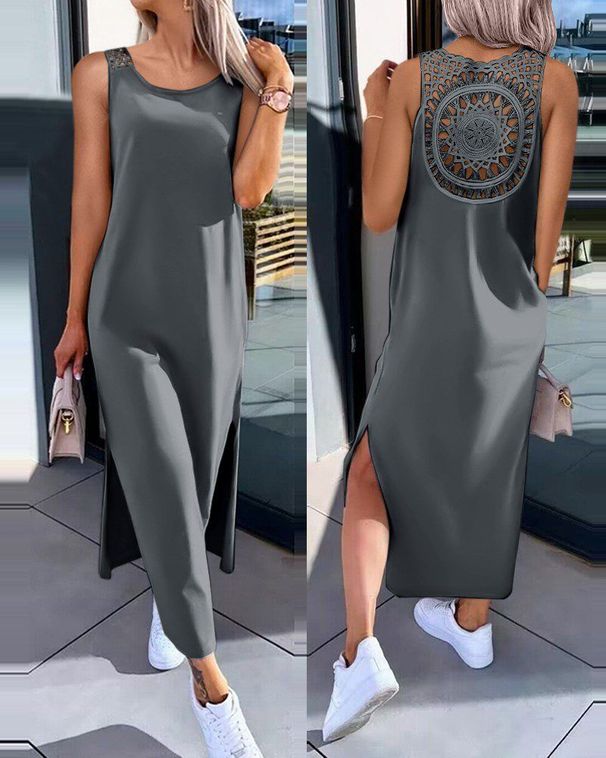 Strappy Slit Dress Lace-Up Sleeveless Open-Back Midi Women's Clothing with Sheer Panels Black White Army Green L-4XL_ecoleips.com