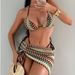 Women's Clothing Wave Pattern Knitted Three Piece Bikini Set Halter Neck Swimsuit For Women Beach Vacation Casual Style_ecoleips.com