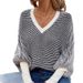 Women's Clothing Oversized V-Neck Batwing Sleeve Striped Knit Sweater - Soft Acrylic Blend, Casual Loose Fit Pullover, Trendy Office & Streetwear_ecoleips.com