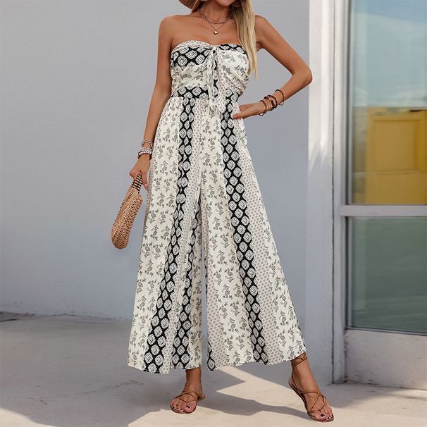 Women's Clothing High Waisted Drawstring Wide Leg Jumpsuit Patchwork Ethnic Style Casual Summer Romper_ecoleips.com
