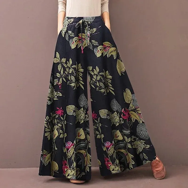 Floral Print Wide Leg Women Pants Spring Drawstring Bohemia Trousers Lady Casual Loose Elastic Waist Pantalonsw Plus Size_ecoleips.com