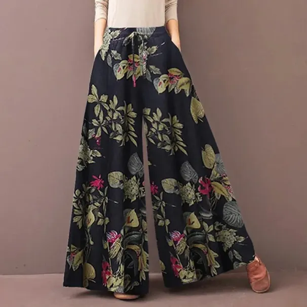 Floral Print Wide Leg Women Pants Spring Drawstring Bohemia Trousers Lady Casual Loose Elastic Waist Pantalonsw Plus Size_ecoleips.com