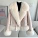 Women’s Faux Fox Fur Short Coat – Trendy Winter Jacket With 3D Embroidery, V-Neck & Plush Collar (M-XL, Beige/Green/Khaki/Pink)_ecoleips.com