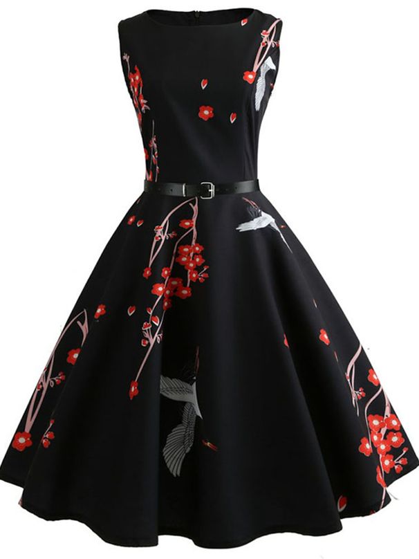 Floral Print Summer Dress Women Sleeveless Tunic Elegant Vintage Dress Belt Party Dresses Casual Sundress Vestido_ecoleips.com