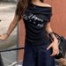 Summer Pure Desire Swinging Neck Printed Letter Waist Versatile Short Sleeve T-Shirt Women_ecoleips.com