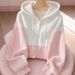 Women's Clothing Pink White Color Block Hooded Knitted Cardigan Sweater Inspired Women's Top For Autumn Winter_ecoleips.com
