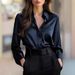 Women's V-Neck Office Blouse – Wrinkle-Resistant Polyester Work Shirt (S-XXL, Black/Burgundy/Navy)_ecoleips.com
