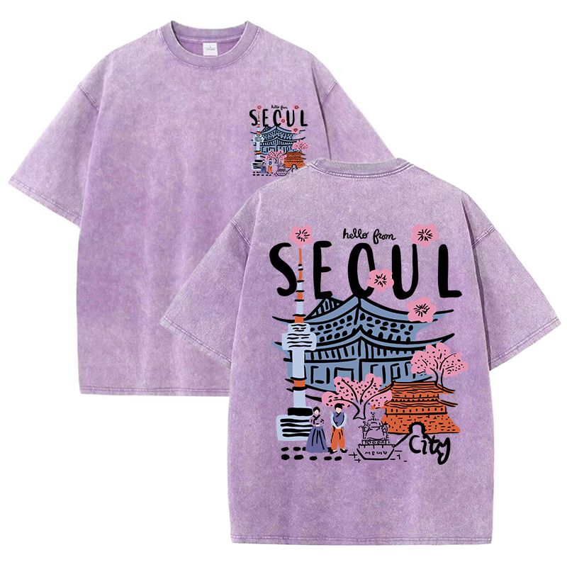 Seoul Beautiful Scenery Printed Washed T Shirt Female Summer Crewneck Clothes Trendy Cotton Short Sleeve Casual New T-Shirts_ecoleips.com