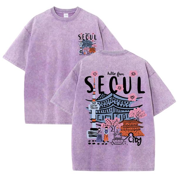 Seoul Beautiful Scenery Printed Washed T Shirt Female Summer Crewneck Clothes Trendy Cotton Short Sleeve Casual New T-Shirts_ecoleips.com
