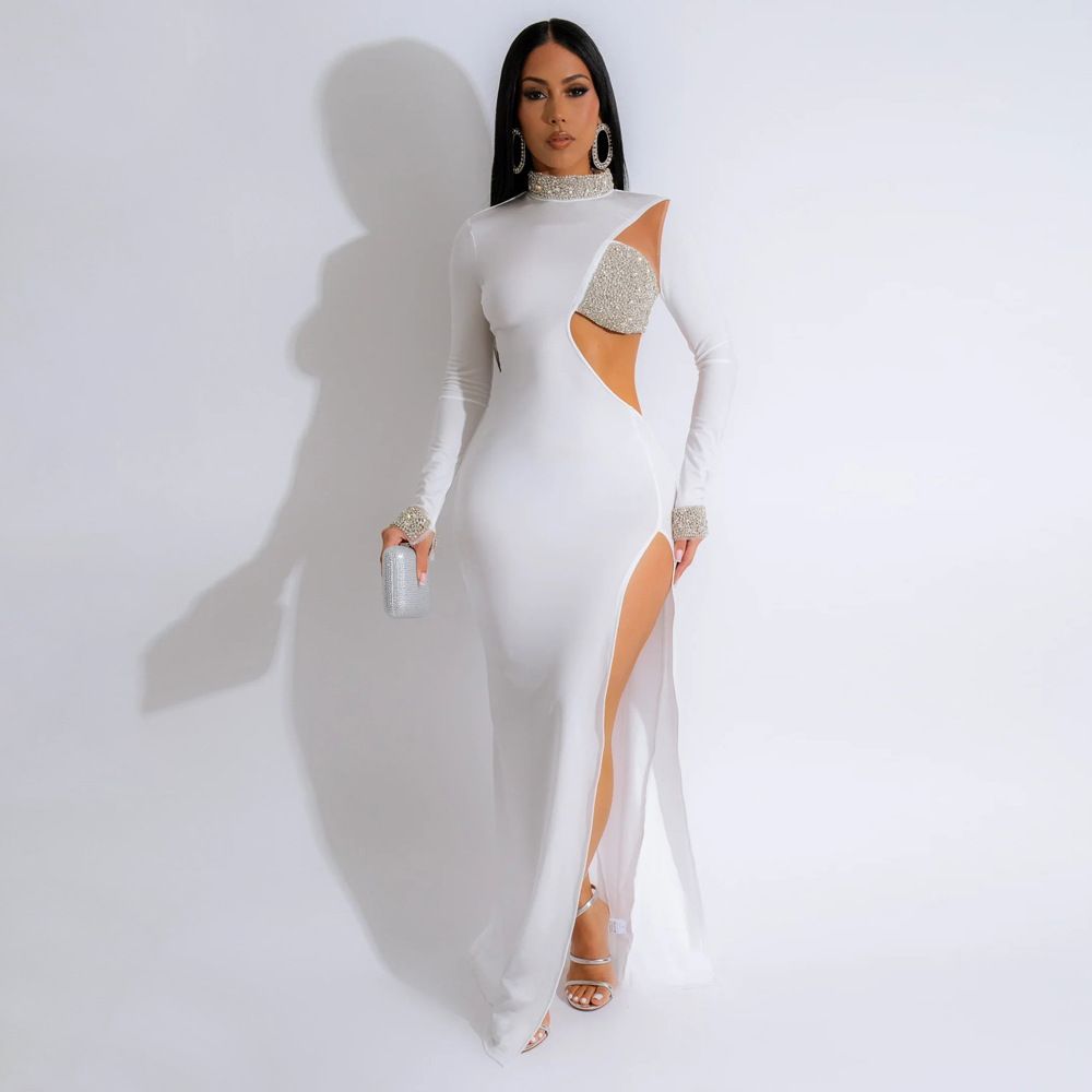Women's Clothing Fashion Solid Color Hot Diamond Long Sleeve Slit Dress Female_ecoleips.com