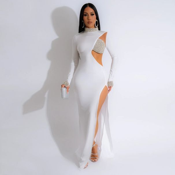 Women's Clothing Fashion Solid Color Hot Diamond Long Sleeve Slit Dress Female_ecoleips.com