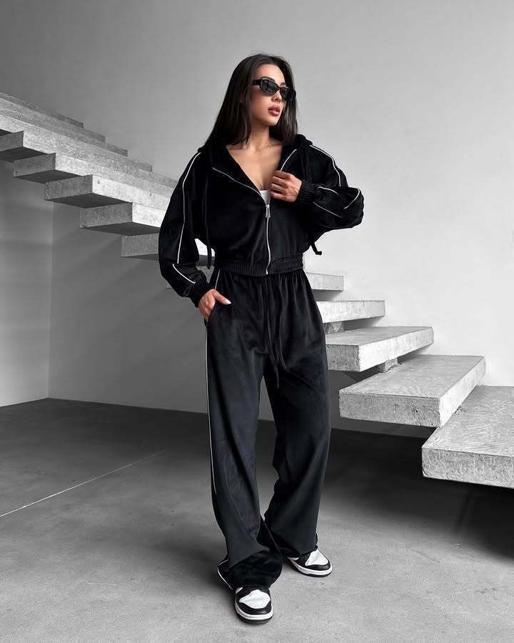 New Velvet Sports Suit, Hooded Cardigan With Bars, Jacket, Lace-up Wide-leg Pants, Two-piece Set For Women_ecoleips.com