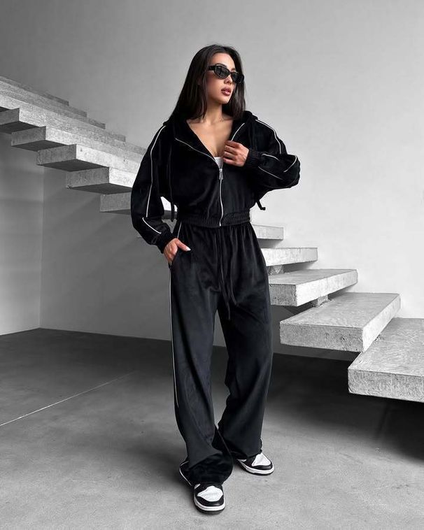 New Velvet Sports Suit, Hooded Cardigan With Bars, Jacket, Lace-up Wide-leg Pants, Two-piece Set For Women_ecoleips.com