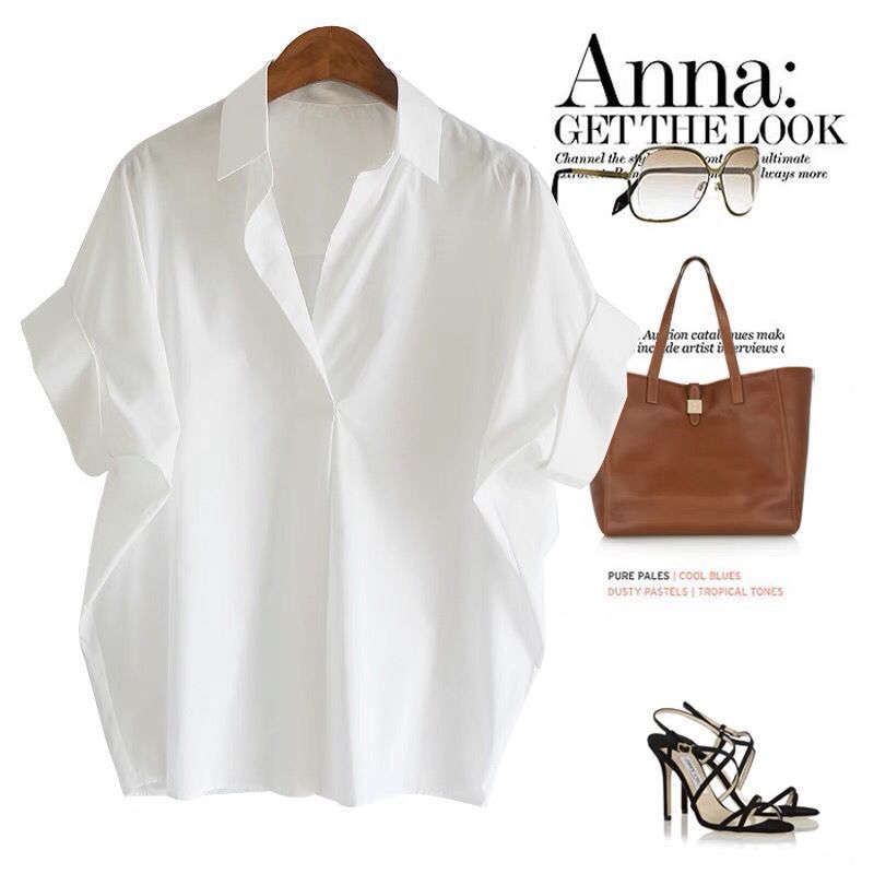 Women's Retro Hong Kong Style Short Sleeve Loose Batwing Collar Top White Summer Fashion All Match Blouse_ecoleips.com
