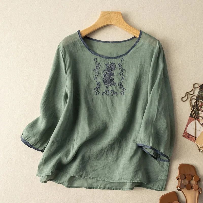 Cotton And Linen Three-Quarter Sleeve Embroidered Top For Women, Summer Artistic And Classical Pullover, Loose And Slimm_ecoleips.com