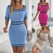 Real Shot Of 2026 Spring/Summer European And American Elegant Square-neck Buttoned Short-sleeve Knitted Bodycon Dress._ecoleips.com