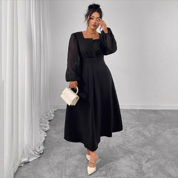Temperament Long Dress High Waist Pleated Design Square Neck Long Sleeve Large Size Dress_ecoleips.com
