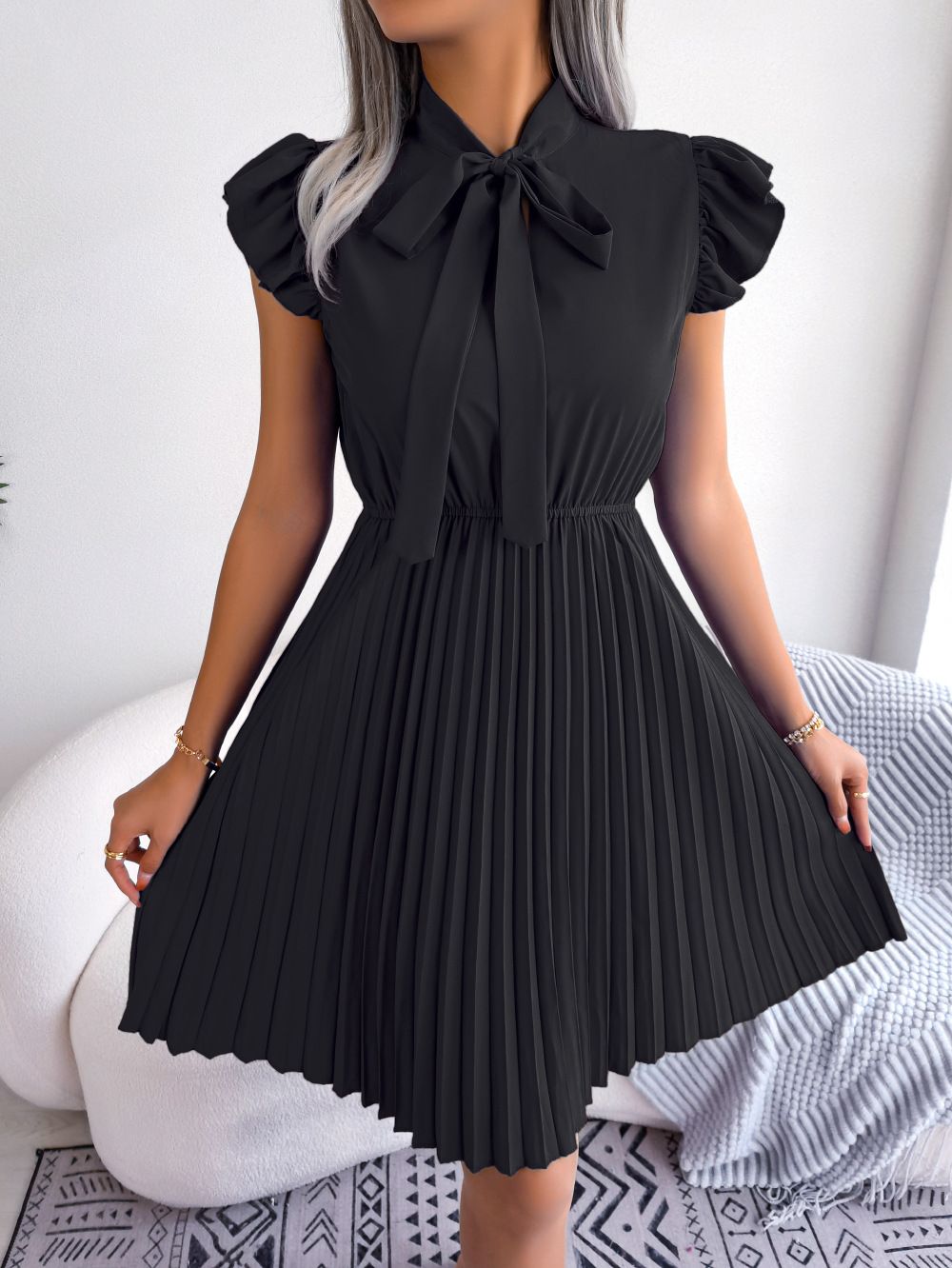 Women's INS Style Lace Up Waist Large Fold Dress Spring/Summer Temperament A-Line Knee-Length Casual Polyester Skirt_ecoleips.com