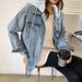 Vintage Denim Hooded Jacket For Women - Relaxed Fit Long Sleeve Casual Coat With Detachable Hood, Light Blue & Black, S-2XL_ecoleips.com