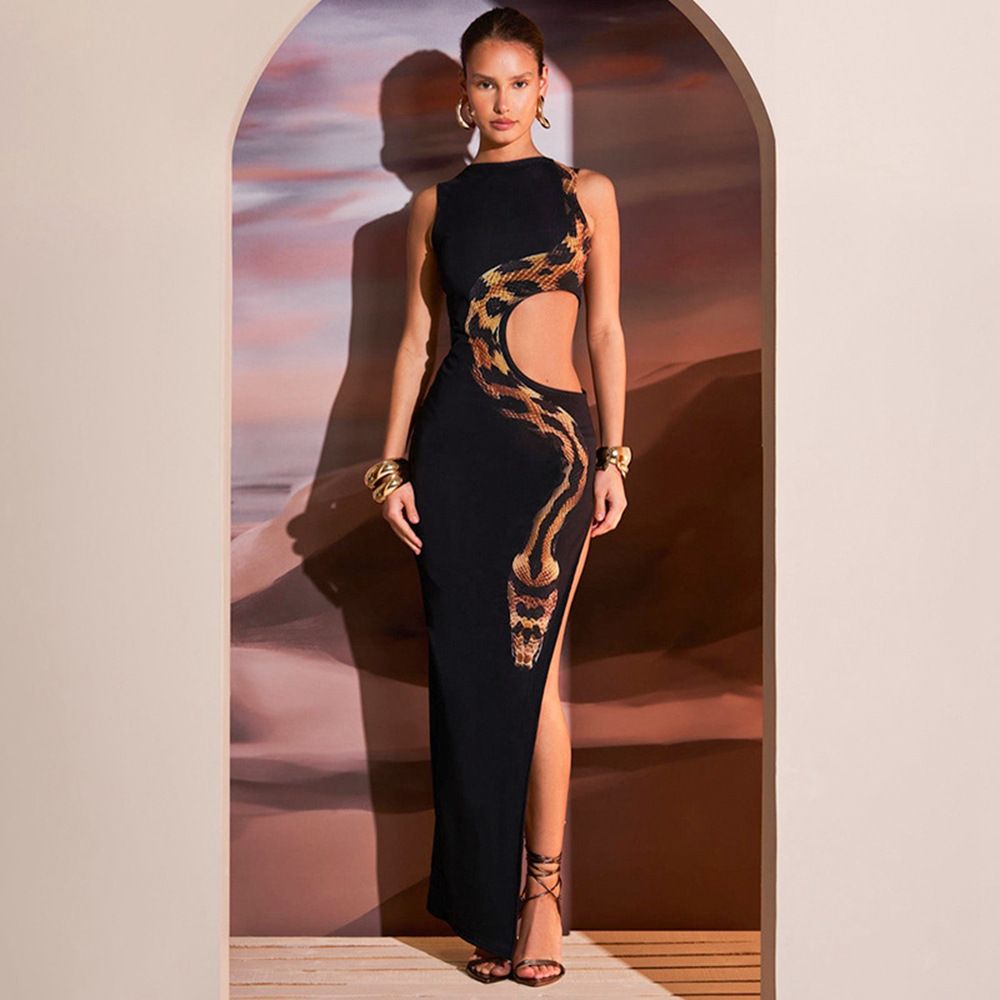 Summer Women's Sleeveless Slim Fit Long Dress American Style Sexy Hollow Gown With Slit Casual English Style Dress_ecoleips.com