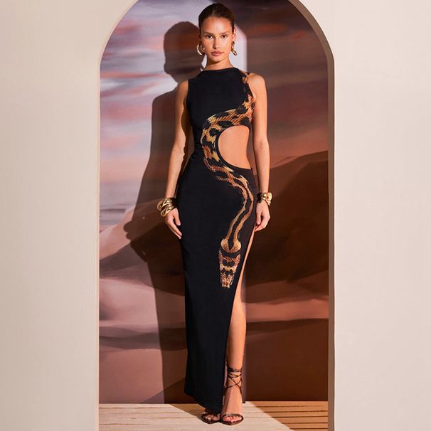Summer Women's Sleeveless Slim Fit Long Dress American Style Sexy Hollow Gown With Slit Casual English Style Dress_ecoleips.com