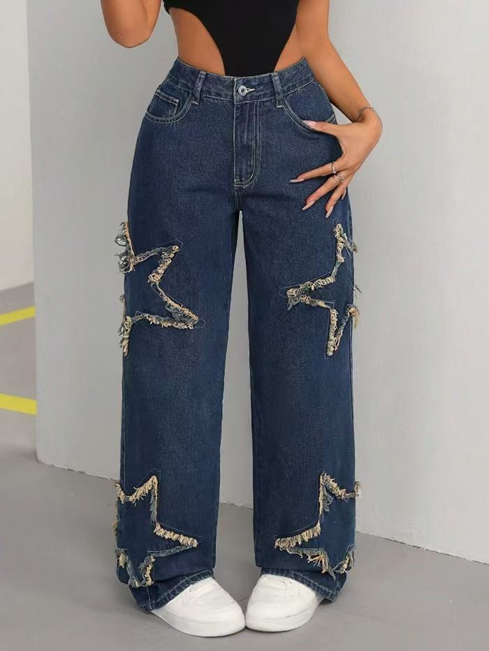 Women's Casual Versatile Jeans Loose Straight Leg Five Pointed Star Tassel Frayed Edge Denim European American Style_ecoleips.com