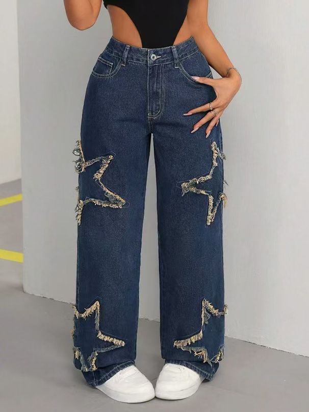 Women's Casual Versatile Jeans Loose Straight Leg Five Pointed Star Tassel Frayed Edge Denim European American Style_ecoleips.com