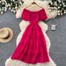 Women's French Style Off-Shoulder Puff Sleeve A-Line Maxi Dress Elegant Slimming Summer Vacation Dress_ecoleips.com