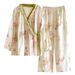 Japanese Kimono Style Pajama Set Women Ruffle V Neck 100% Cotton Crepe Loungewear Breathable Floral Sleepwear For Spring_ecoleips.com