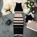 2026 Summer Women's Hanging Neck Knit Long Dress Round Neck Stripes Hit Color Waist Slim Slim Ming Knit Long Dress Office Lady_ecoleips.com