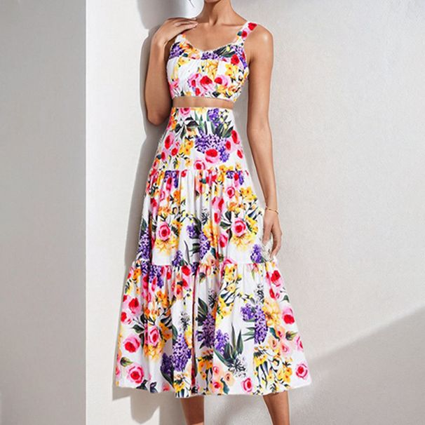 Fashionable Women's Sleeveless Top With Strap, Printed High-Waisted Skirt, And Complete Set Of Fashionable Outfits_ecoleips.com