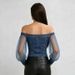 Women's Printed Faux Denim Off-Shoulder Chiffon Long-Sleeved Top Fashionable Exclusive Top_ecoleips.com