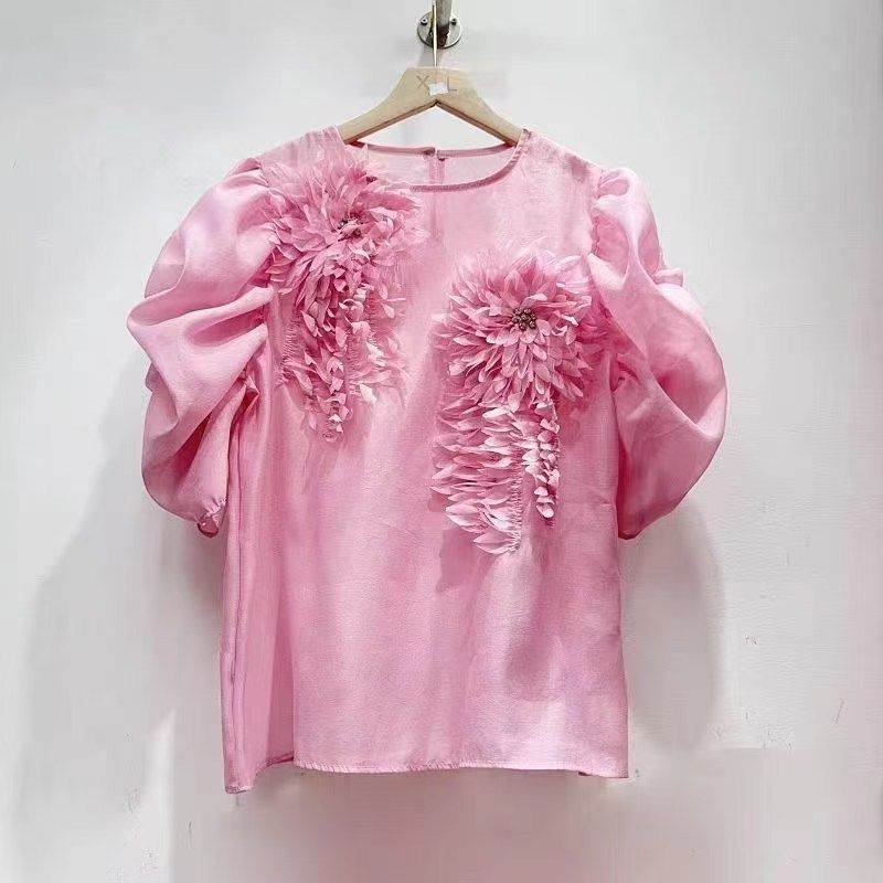 French Style 3D Floral Print Blouse Women's Short Sleeve Top Loose Fit Unique Design Chic Casual Shirt_ecoleips.com