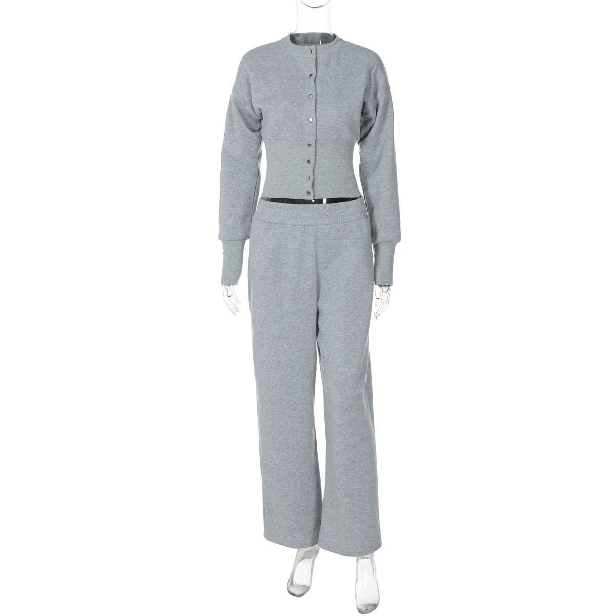 Women's Winter Fashion Solid Color Button Down Cardigan And Sweatshirt Set Casual Two-Piece Style_ecoleips.com