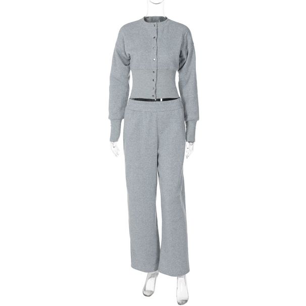 Women's Winter Fashion Solid Color Button Down Cardigan And Sweatshirt Set Casual Two-Piece Style_ecoleips.com