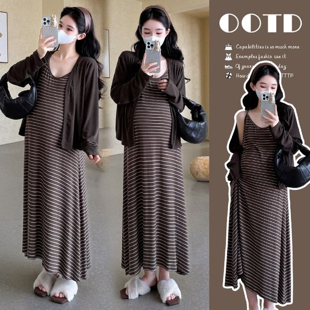 Autumn New Korean Fashion Striped Camisole Cardigan Two-Piece Maternity Dress_ecoleips.com