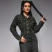 K Women's Lapel Button Long Sleeved Slit New Denim Long Dress_ecoleips.com