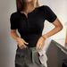 Women's Clothing Short Sleeved Button Ribbed Slim Knitted T-Shirt_ecoleips.com