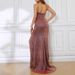 Women's Clothing V Neck Solid Color Hot Stamping Slim Sling Banquet Party Slit Long Evening Dress_ecoleips.com