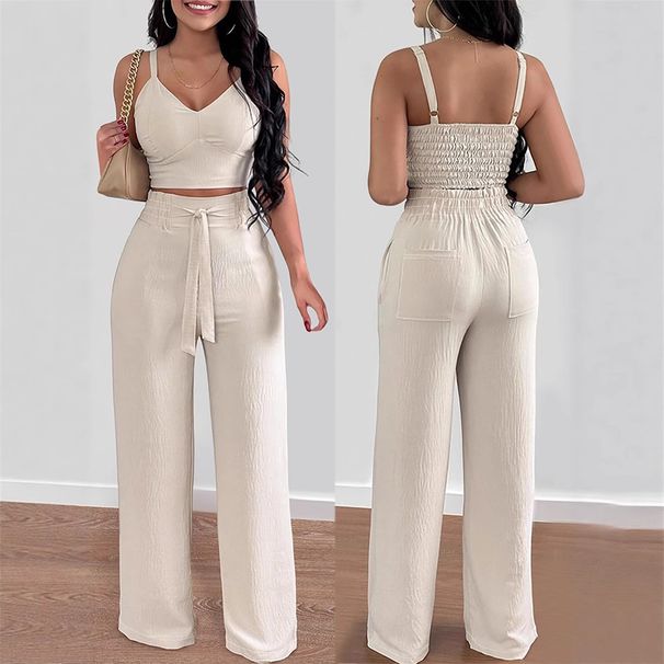 Women's Fashion 2025 New V-neck Camisole And Apricot Casual Wide-leg Pants Two-piece Set_ecoleips.com