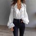 Women's Clothing Women's V Neck Puff Sleeve Pleated Shirt Fashionable Lace Trim Top For Spring Autumn For Europe And America_ecoleips.com