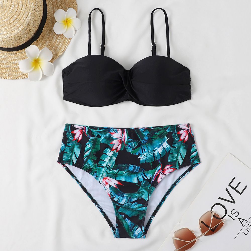 Women’s Clothing Gradient surf split bikini sexy floral cross hard bag swimsuit lace up high waist swimsuit_ecoleips.com