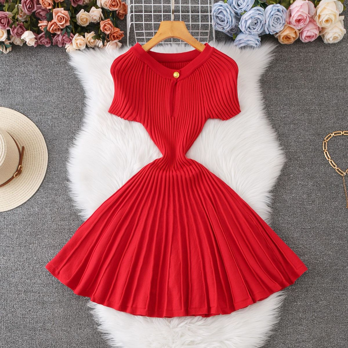 Women's Clothing Round Neck Short Sleeved Knitted Skirt Female Fashion Waist Slimming A Line Dress_ecoleips.com