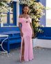 Women's Off-Shoulder Dress Solid Color Side Slit Waist Cinching Pleated Fit Elegant Mesh Patchwork With Metallic Embellishing_ecoleips.com