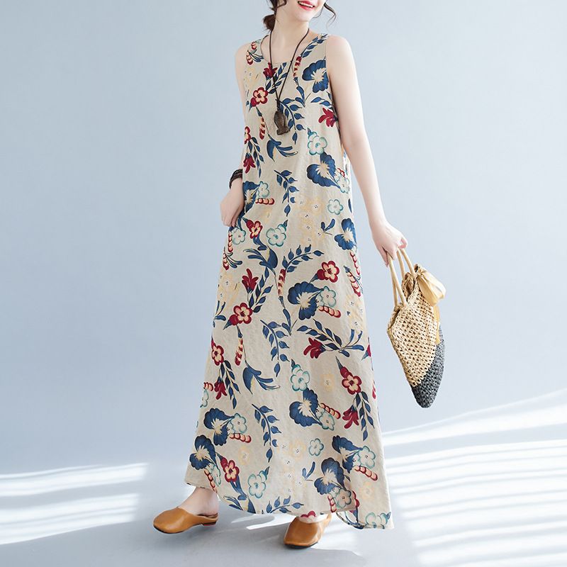 Real Shot Of The 2024 Summer New Bohemian Plus-size Sleeveless Round-neck Printed Mid-length Dress For Women_ecoleips.com